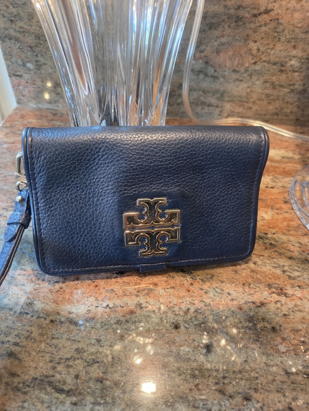 Tory Burch Navy Leather Wristlet with Gold Double-T Emblem